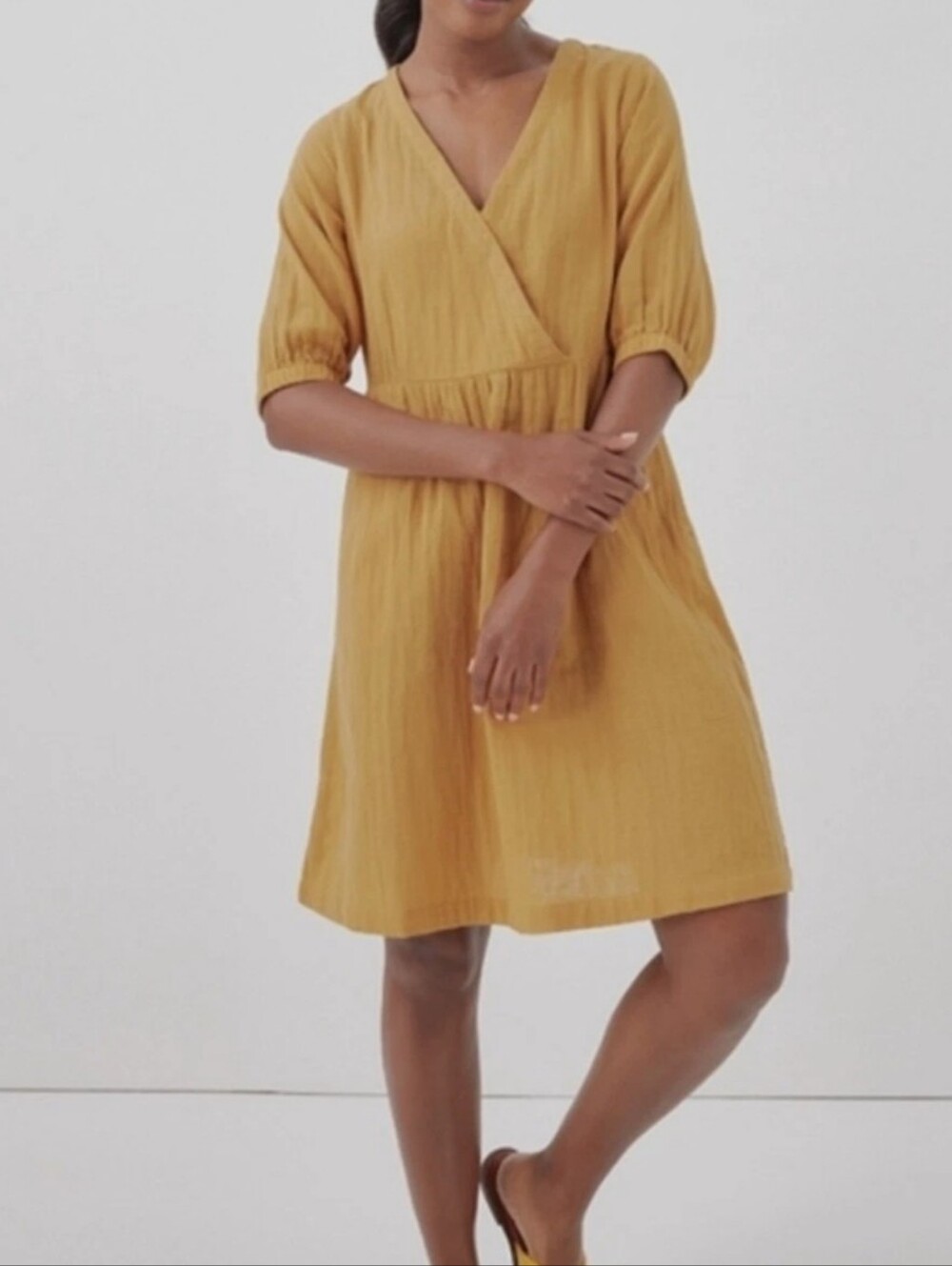 Pact Coastal Organic Cotton Double Gauze Crossover Dress in Mustard XXL Boho